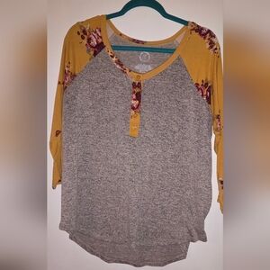 Heathered Grey Raglan Henley Top with Mustard Floral Sleeves